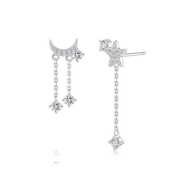 Asymmetry Moon Crescent Star Tassel Drop Stud Small Dangle Earrings - SS068 - Picture 6 of 8